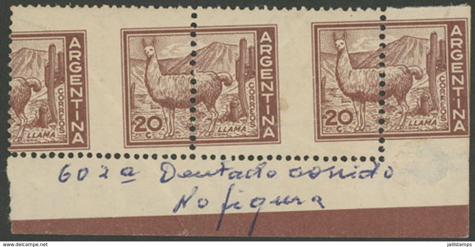 ARGENTINA: GJ.1124, 1959 20c. Llama, Pair With VARIETY: Very Shifted Perforation, Very Attractive! - Oblitérés