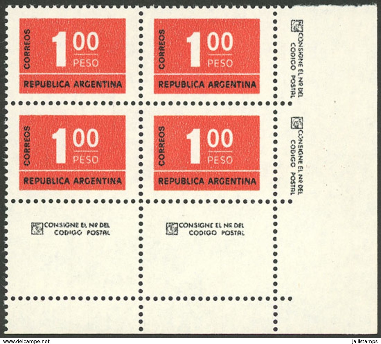 ARGENTINA: GJ.1721N + 1721NCJ, 1976 1P. Figures, UV NEUTRAL Unsurfaced Paper, Block Of 4 With Labels Below, Excellent Qu - Gebruikt