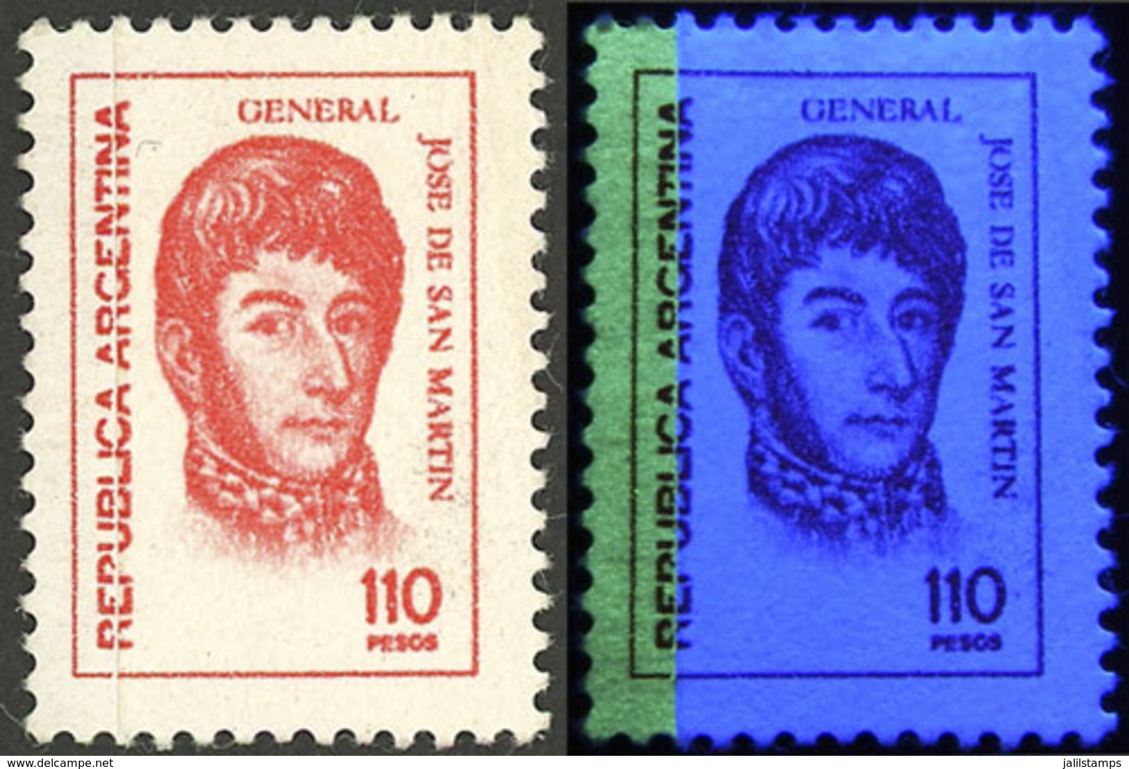 ARGENTINA: GJ.1758B, 110P. San Martín, 90% Of The Stamp Printed On FLUORESCENT UNSURFACED Paper And The Other 10% On Pho - Gebruikt