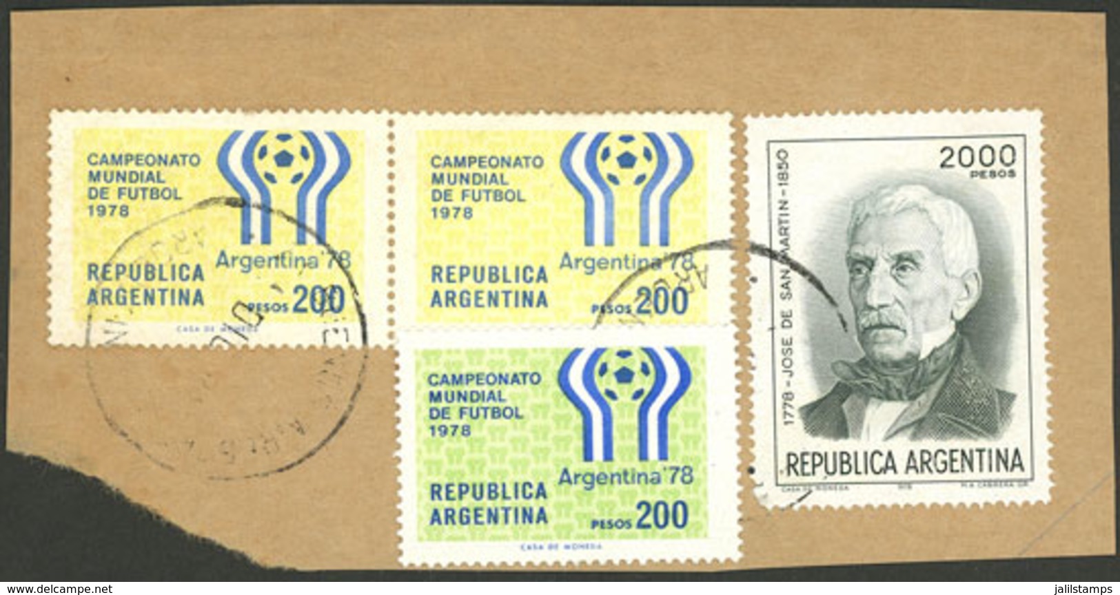 ARGENTINA: GJ.1788, 1977/8 200P. Football World Cup, Pair With VARIETY: YELLOW Color Instead Of Green, Tied On Fragment  - Used Stamps