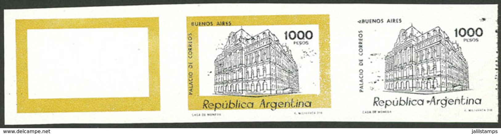 ARGENTINA: RARE PROOF: GJ.1850, 1979/82 1,000P. General Post Office, Imperf Strip Of 3, The First One Only With The Oche - Gebruikt