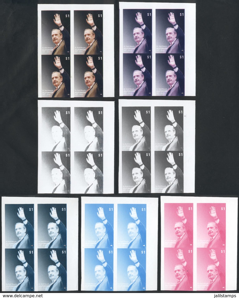 ARGENTINA: GJ.3838, 2008 Raul Alfonsín, Trial Color PROOS, 7 Different Blocks Of 4, Excellent Quality, Extremely Rare! - Usados