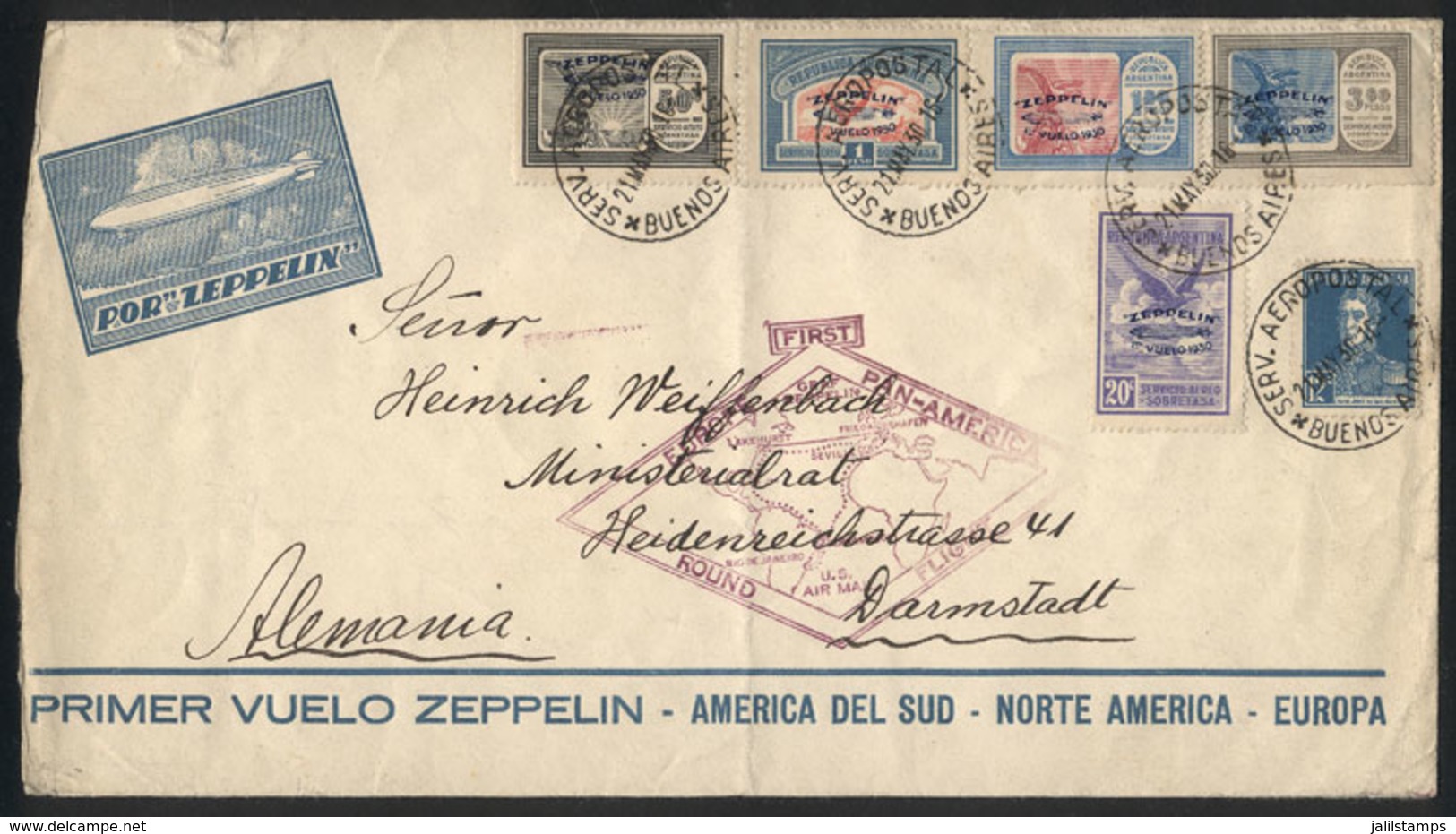 ARGENTINA: GJ.660/664, Cmpl. Set Of 5 Zeppelin Values With Blue Overprint + 12c. San Martín Franking A Cover Sent From B - Autres & Non Classés