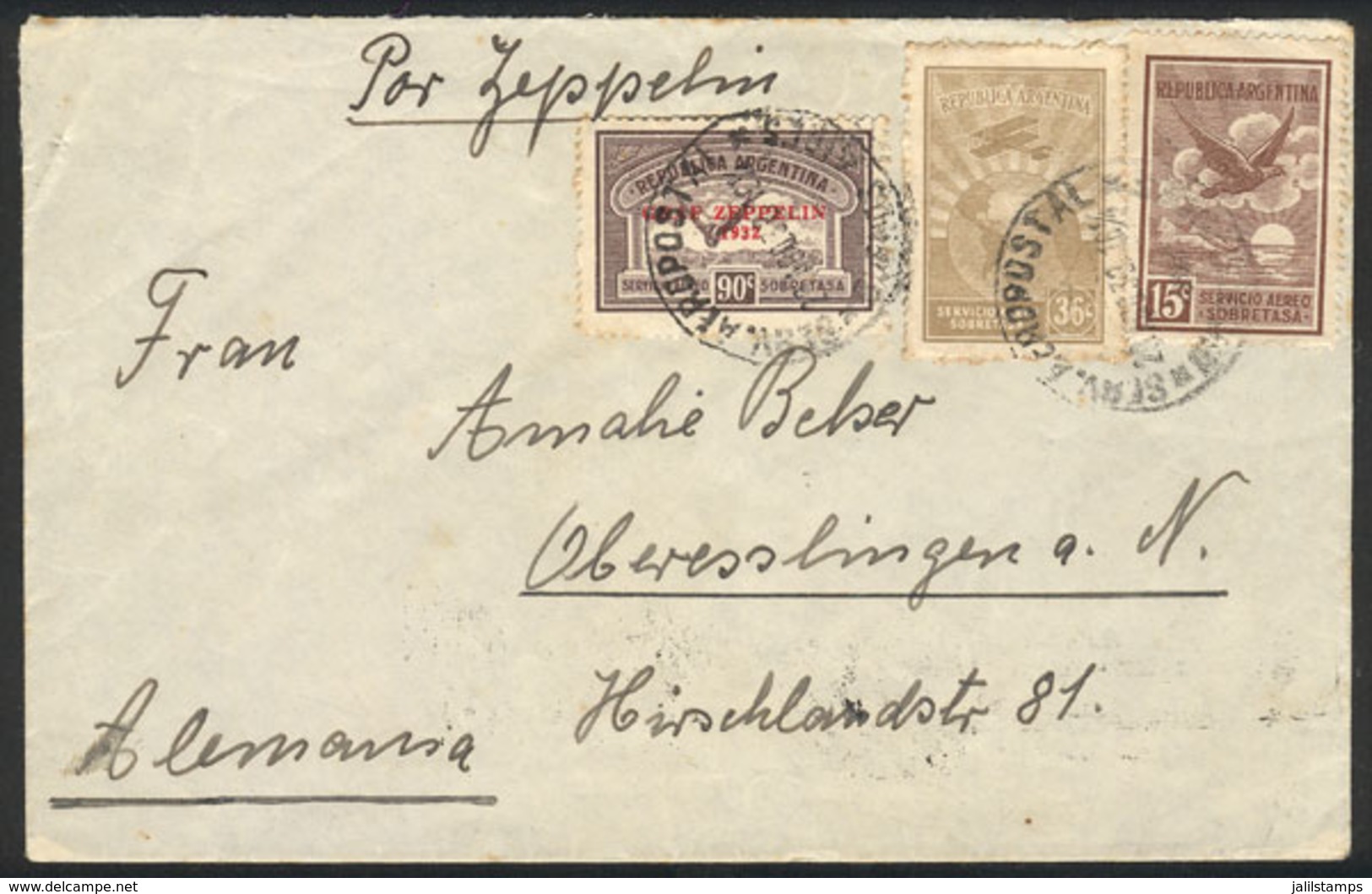 ARGENTINA: GJ.722, 90c. Zeppelin + 2 Stamps (total 1.41P.) Franking A Cover Sent By ZEPPELIN From Buenos Aires To German - Andere & Zonder Classificatie