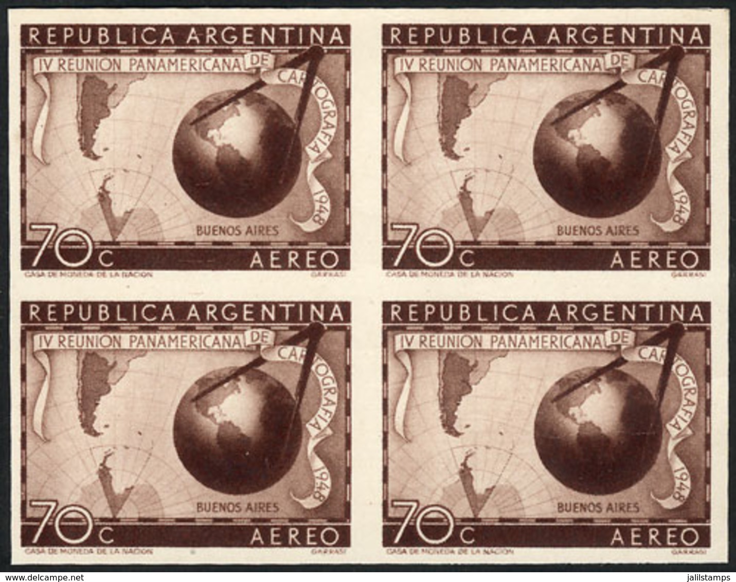 ARGENTINA: GJ.962, 1949 Cartography, PROOF In Brown, Imperforate Block Of 4 Printed On Opaque Paper, Excellent Quality,  - Andere & Zonder Classificatie