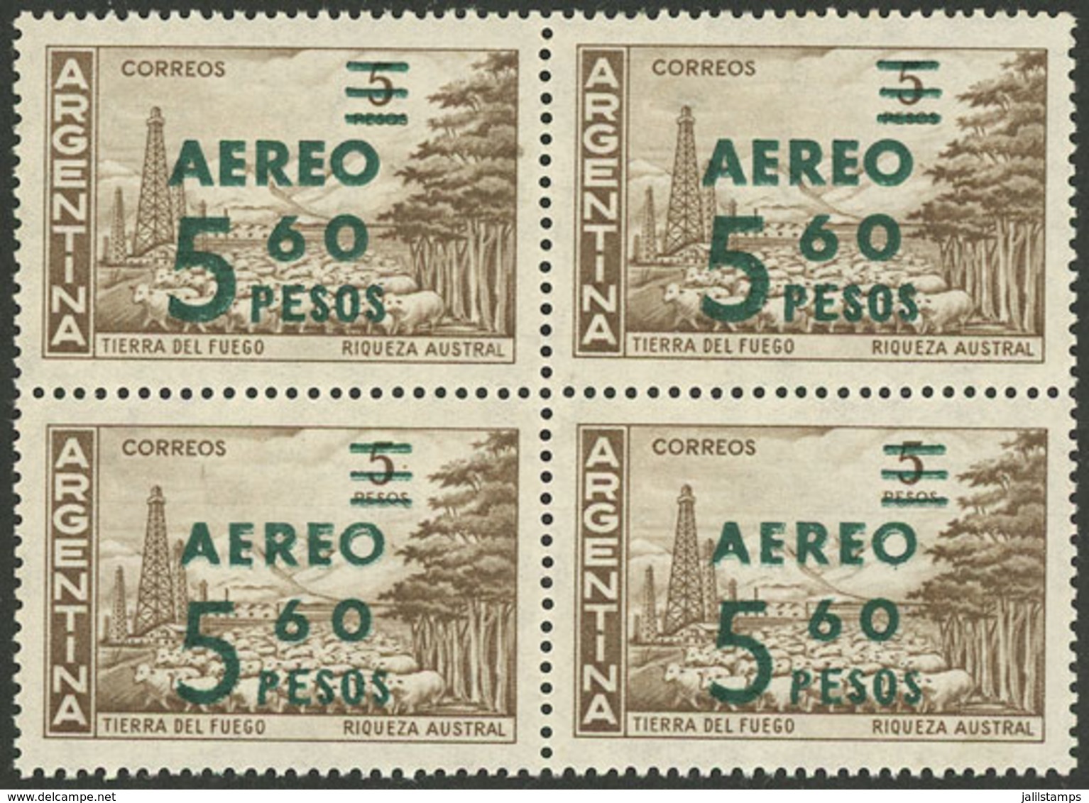 ARGENTINA: RARE VARIETY: GJ.1240, Block Of 4, The Top Stamps With Normal Overprint, And The Bottom Stamps With THIN OVER - Autres & Non Classés