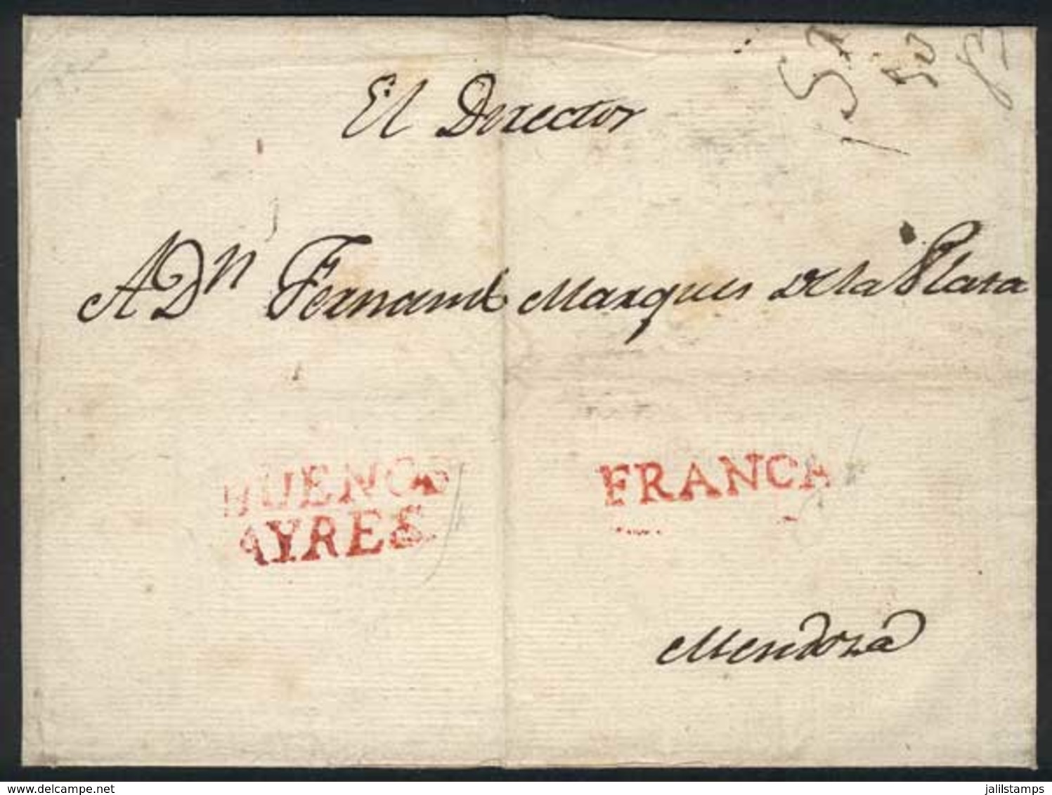 ARGENTINA: "Very Old Folded Cover (circa 1780) Sent To Mendoza, With Red "BUENOS AYRES" And "FRANCA" Markings (VK.4 And  - Prefilatelia