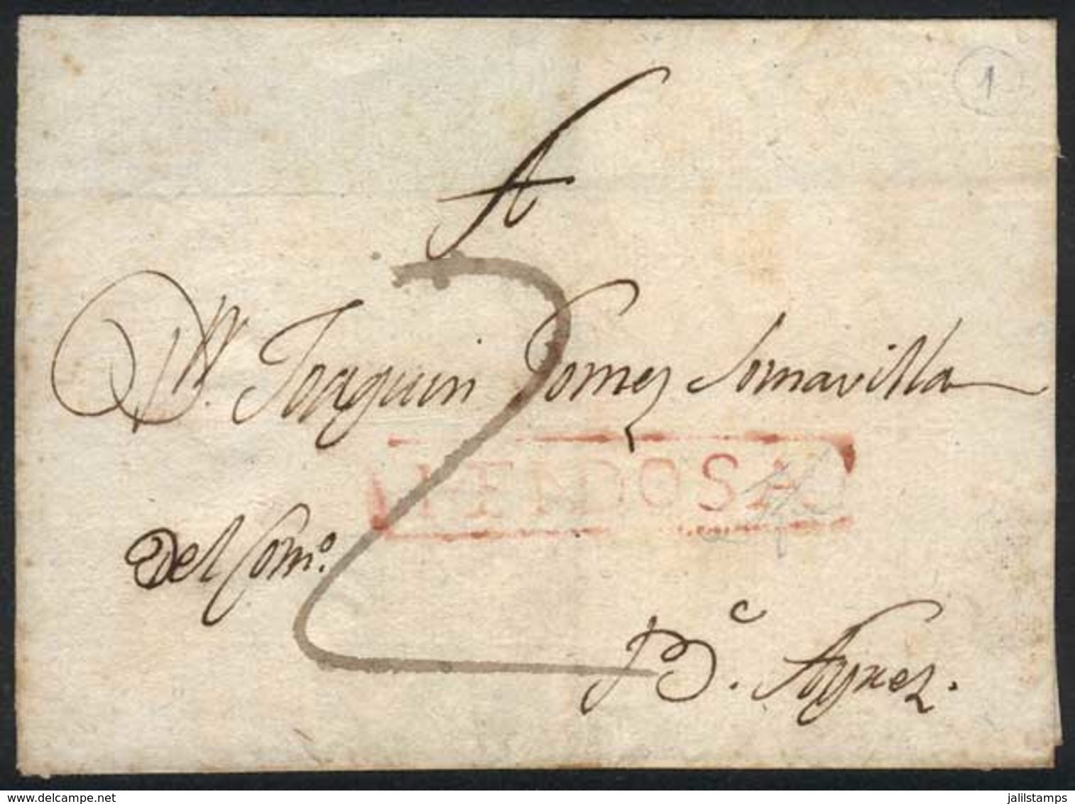 ARGENTINA: "Very Old Folded Cover (circa 1790) Sent To Buenos Aires, With Framed MENDOSA Marking In Red And "2" Rate In  - Prefilatelia