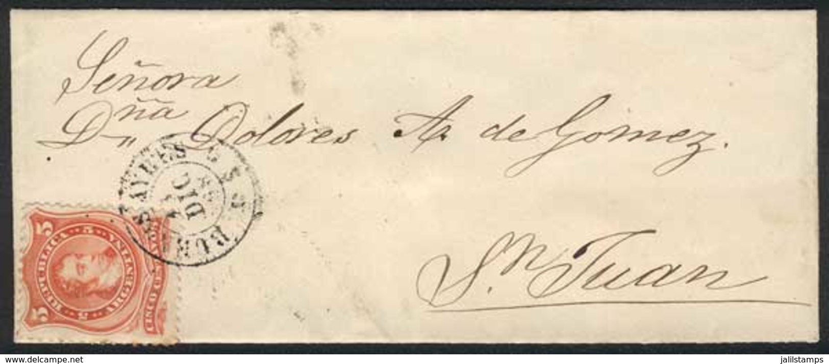 ARGENTINA: Small Cover Franked By GJ.37 (5c. Rivadavia With Groundwork Of Horizontal Lines), Sent From B.Aires To San Ju - Préphilatélie