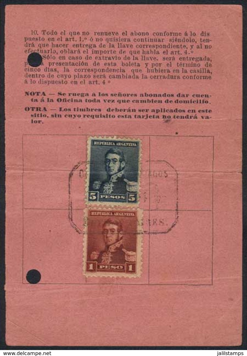 ARGENTINA: Second Page Of A PO Box Payment Card (abono) Franked With $6 (GJ.148+151) With Cancellation Of 1894, VF, Rare - Prefilatelia