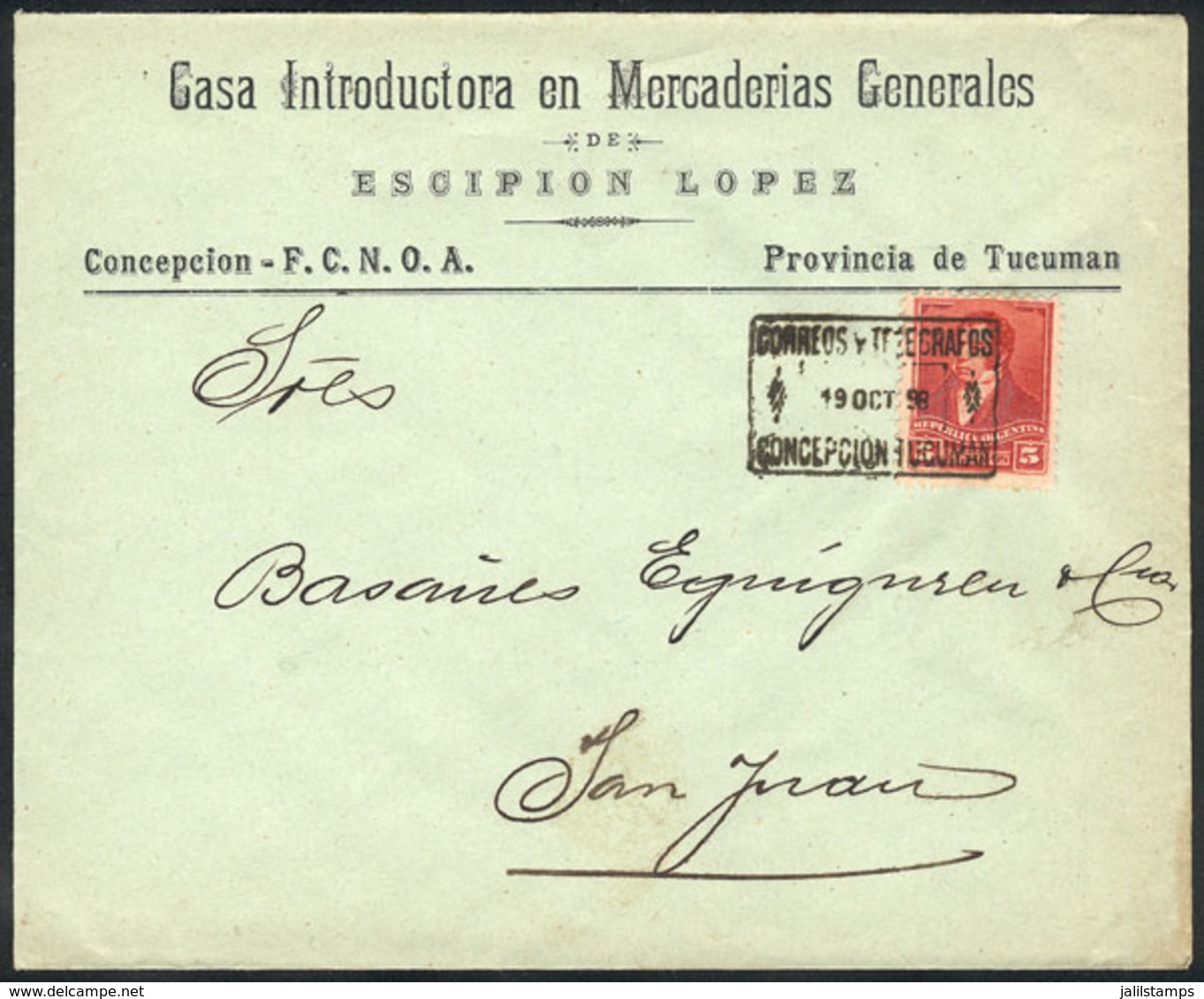 ARGENTINA: Cover Posted To San Juan On 19/OC/1898 Franked With 5c., With Rectangular Datestamp Of CONCEPCIÓN (Tucumán),  - Prefilatelia