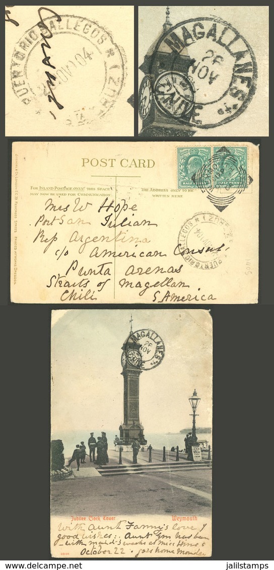 ARGENTINA: INTERESTING ROUTE: Postcard Sent From England To PUERTO SAN JULIÁN On 22/OC/1904 (endorsed: C/o American Cons - Prefilatelia