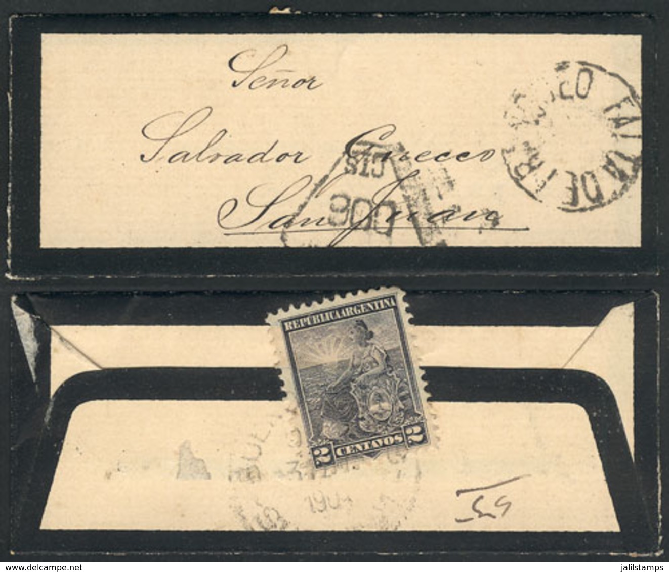 ARGENTINA: Very Small Mourning Cover (it Only Measures 9.5 X 3.9 Cm) Sent From Buenos Aires To San Juan On 3/JA/1905 Fra - Prefilatelia