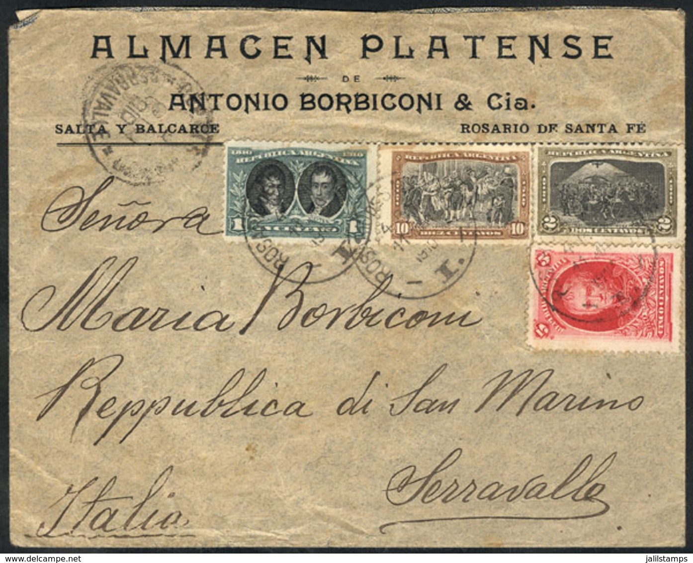 ARGENTINA: Cover Franked With 18c. (4 Different Stamps Of The Centenary Issue), Sent From Rosario To Italy On 11/MAY/191 - Préphilatélie