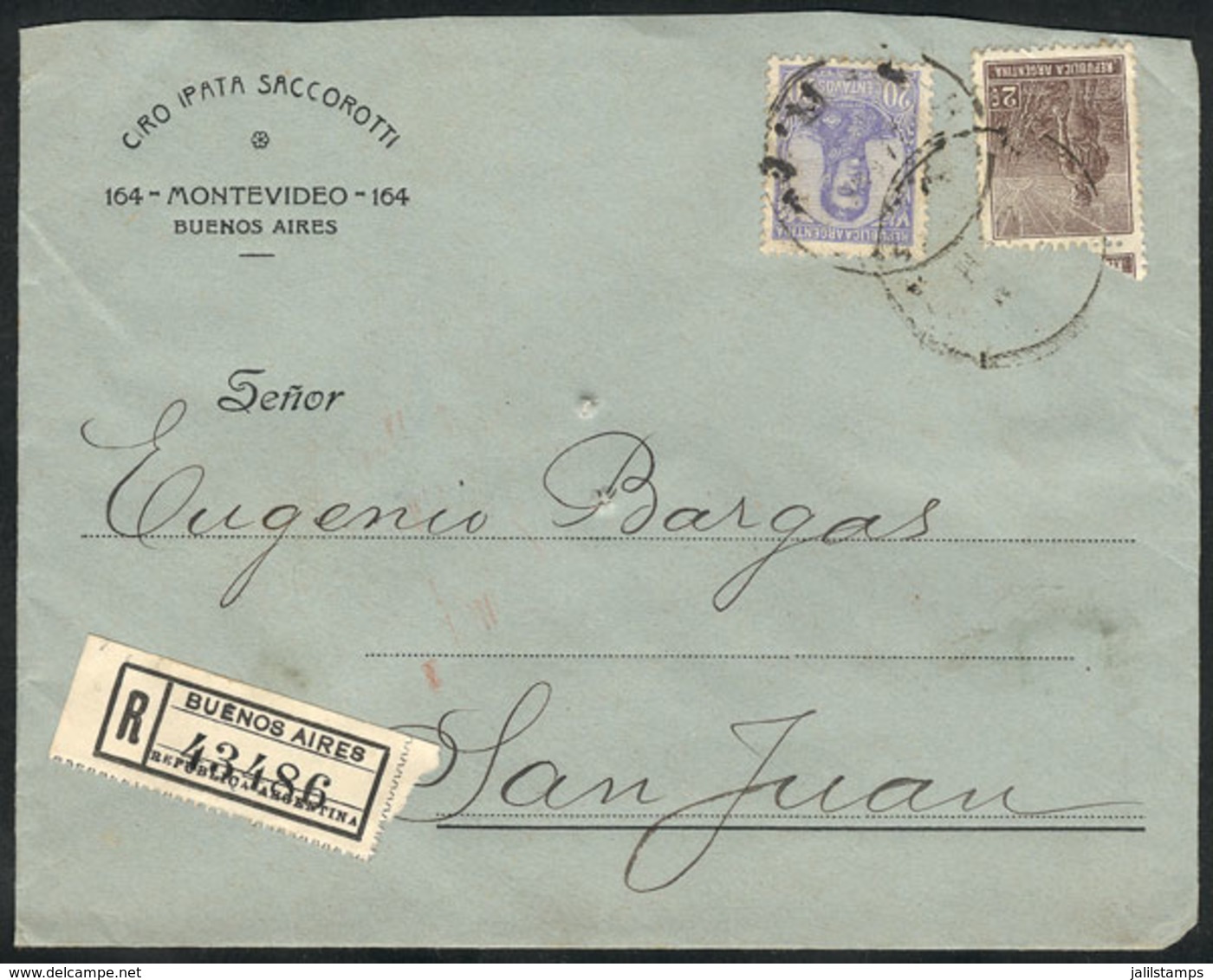 ARGENTINA: RARE MIXED POSTAGE: Registered Cover Sent From Buenos Aires To San Juan In 1914, Franked With 22c.: 20c. San  - Prefilatelia