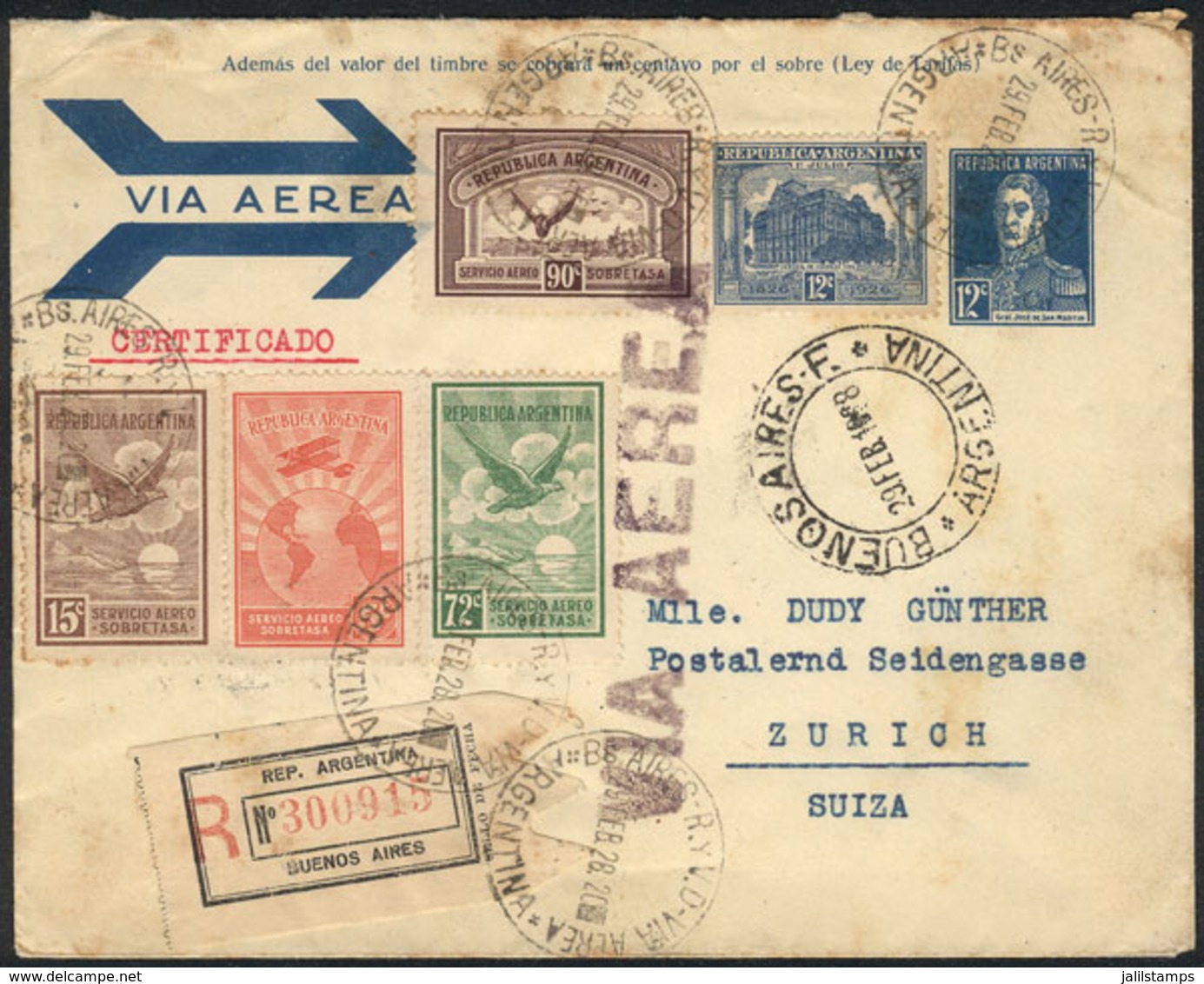 ARGENTINA: Airmail 12c. San Martín Stationery Cover Uprated With 5 Different Stamps (total Postage 2.06P.), Sent From Bu - Prefilatelia