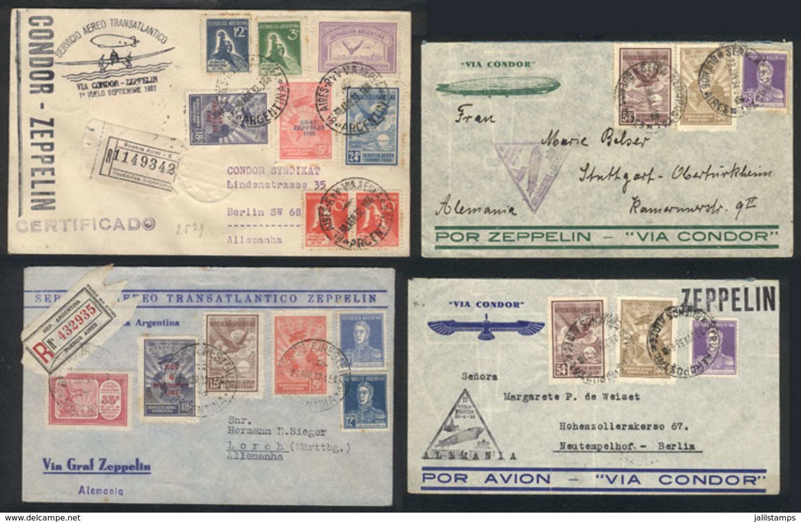 ARGENTINA: 4 Covers Flown By ZEPPELIN To Germany In 1932 And 1934, Nice Postages, With Special Handstamps Of The Flights - Prefilatelia
