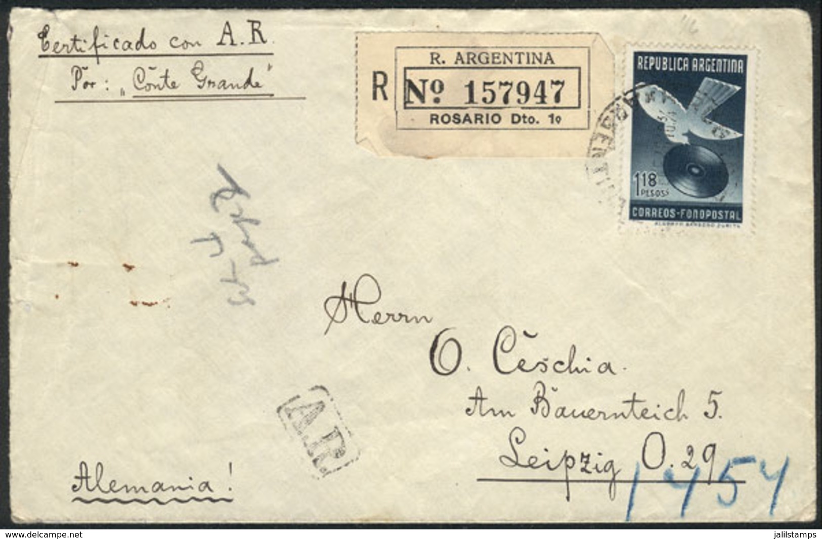 ARGENTINA: Registered Cover Franked By GJ.836 ALONE (Fonopost 1.18P.) Sent From Buenos Aires To Germany On 15/JA/1940, V - Prefilatelia