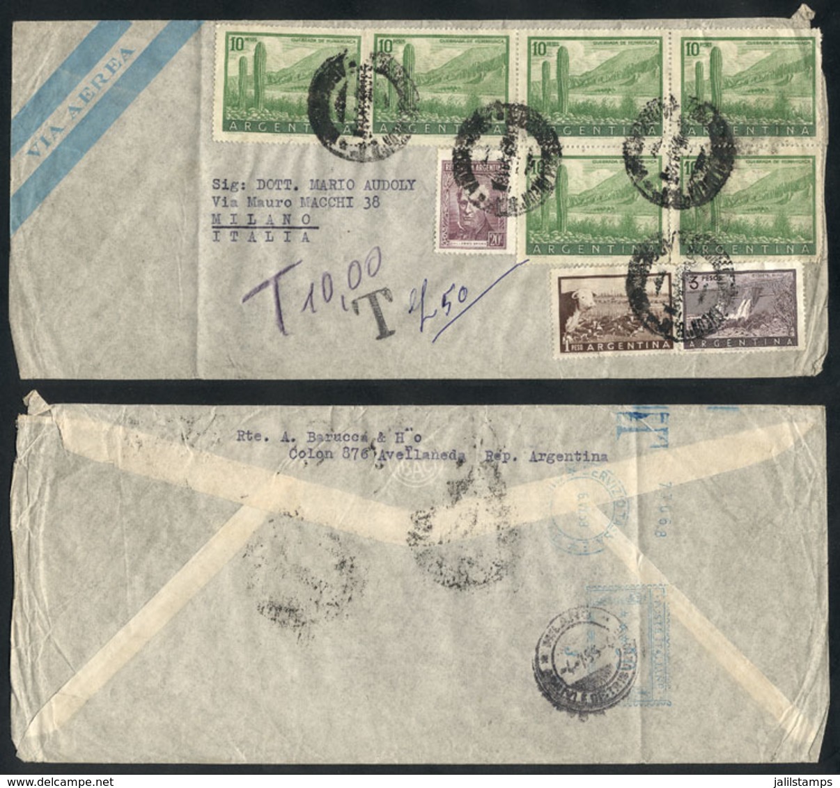 ARGENTINA: Airmail Cover Sent To Italy On 30/JUN/1959 With High Postage Of 64.20P. (including Block Of 4 + Pair Of 10P.  - Prefilatelia