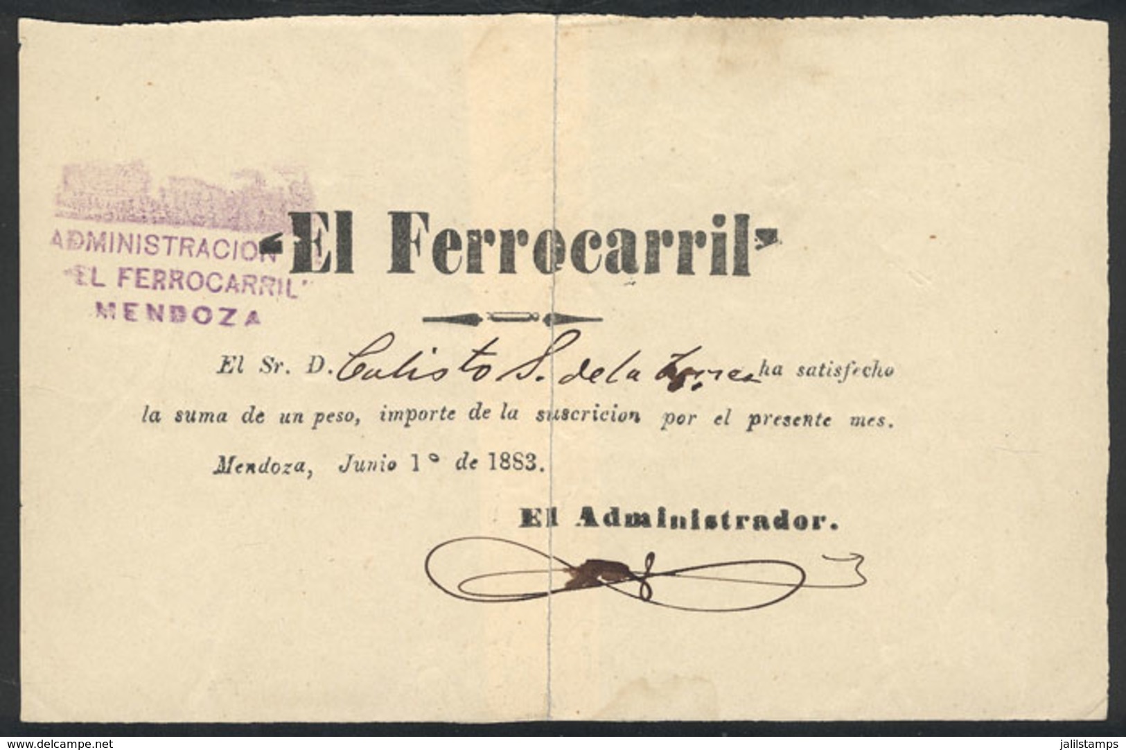 ARGENTINA: Receipt For A Suscription To The Newspaper EL FERROCARRIL Of Mendoza During June 1883, Torn In 2 And Repaired - Manuscritos