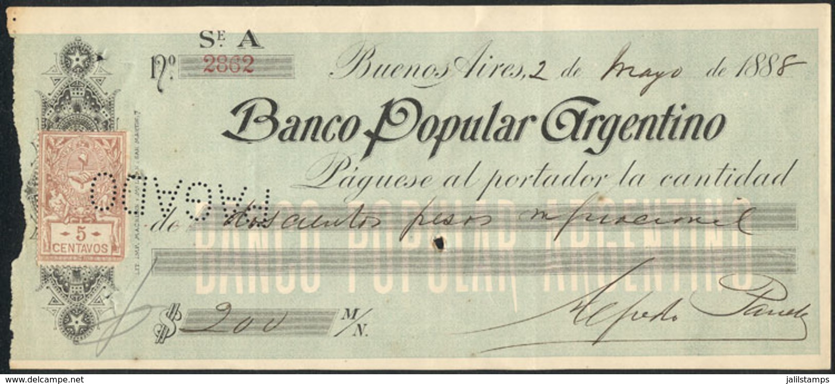 ARGENTINA: Check Of Banco Popular Argentino, Year 1888, With Revenue Stamp Of 5c. Affixed, VF Quality, Rare! - Manuscritos