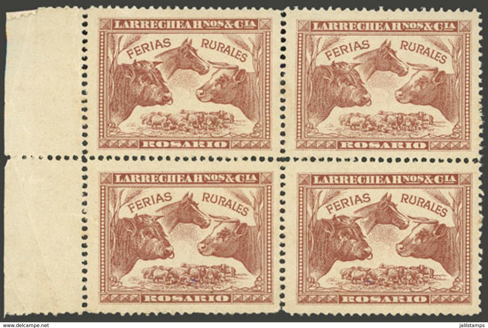 ARGENTINA: Larrechea Hnos. & Cía, Rosario, Beautiful Cinderella With View Of Cattle, Circa 1900, Block Of 4 Mint Without - Erinofilia