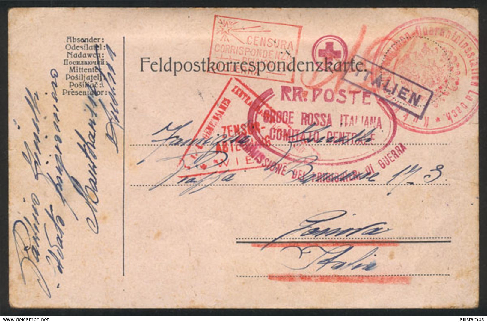 AUSTRIA: Card Sent By An Italian Prisoner Of War To Genova On 12/FE/1916, With A Number Of Censor Marks, Red Cross, Etc. - Cartas & Documentos