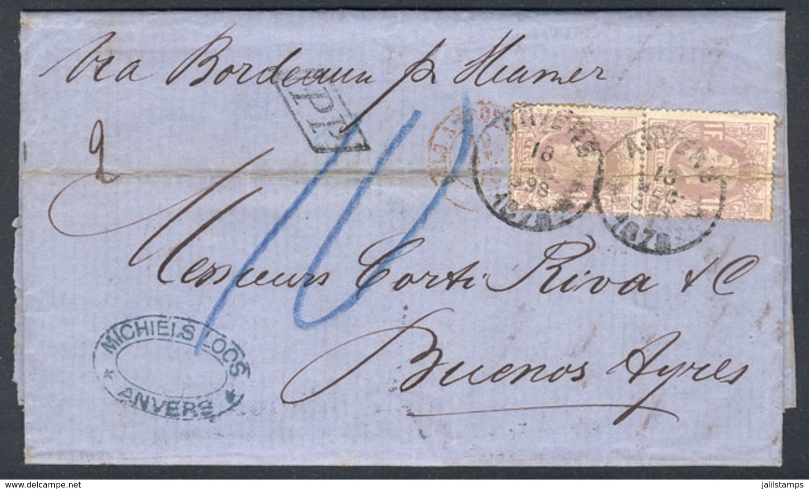 BELGIUM: 18/DE/1875 ANVERS - Argentina: Entire Letter Franked By Sc.36 Pair (Leopold II 1Fr.), Datestamp Of Anvers, Sent - Otros & Sin Clasificación