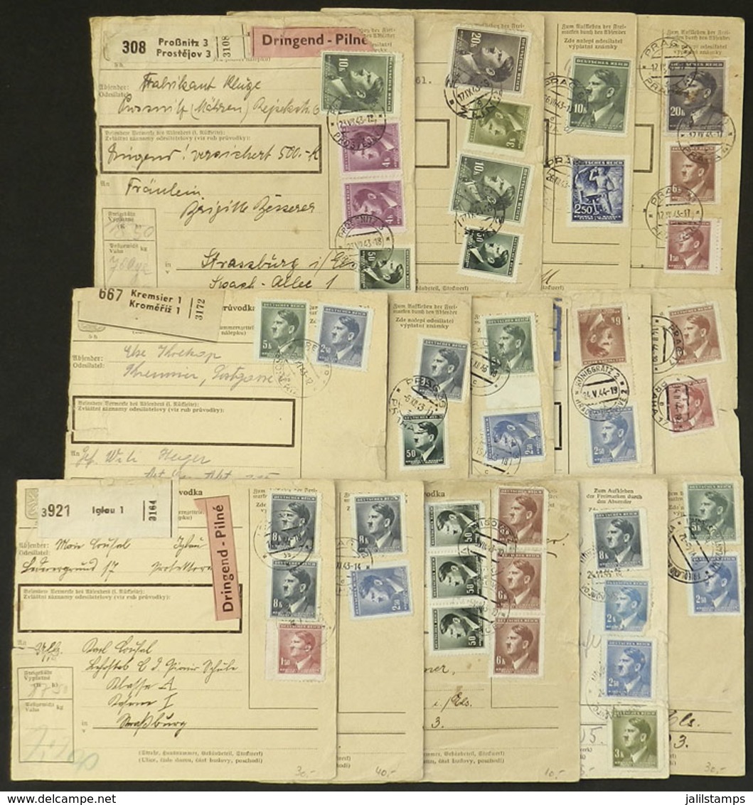 BOHEMIA AND MORAVIA: 14 Parcel Post Despatch Notes Of 1943/4 Franked With Hitler Stamps, Varied Rates, Very Interesting  - Andere & Zonder Classificatie