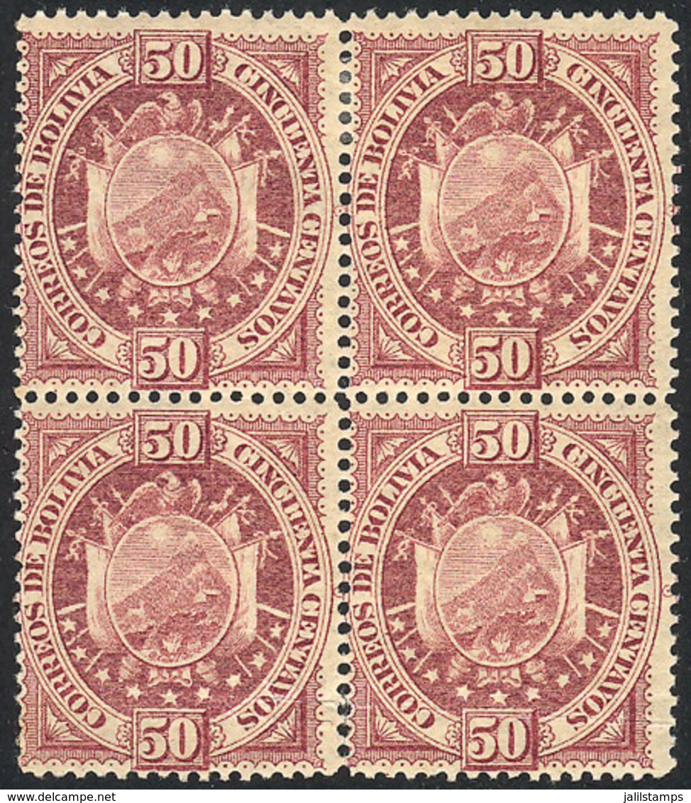 BOLIVIA: Sc.45, 1894 Coat Of Arms 50c., MNH Block Of 4, Tiny Defect (light Crease), Excellent Appearance! - Bolivia