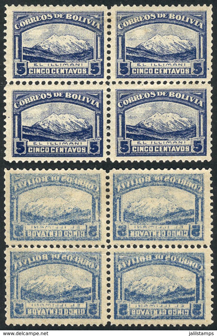 BOLIVIA: Sc.114, 1916 5c. Illimani, Block Of 4 With Variety: OFFSET IMPRESSION ON BACK, Very Nice! - Bolivië