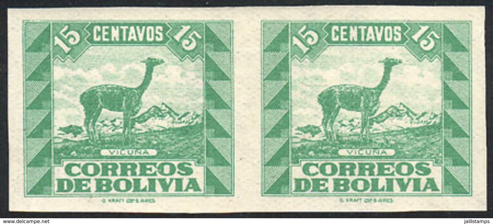 BOLIVIA: Sc.255, 1939 15c. Llama, IMPERFORATE PAIR, Mint Lightly Hinged, Very Fine Quality! - Bolivië