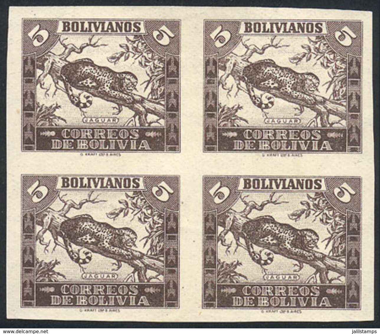 BOLIVIA: Sc.268, 1939 5B. Jaguar, IMPERFORATE BLOCK OF 4, The Top Stamps Lightly Hinged And The Bottom Stamps MNH, VF Qu - Bolivia
