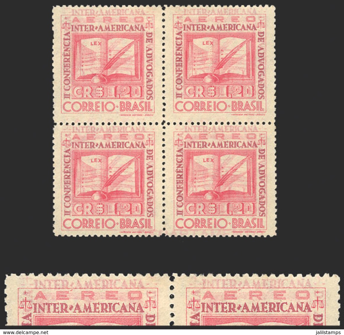 BRAZIL: RHM.A-51C, 1943 Interamerican Congress Of LAWYERS, Block Of 4 With DOUBLE IMPRESSION Of Lilac Color Variety, Fan - Otros & Sin Clasificación