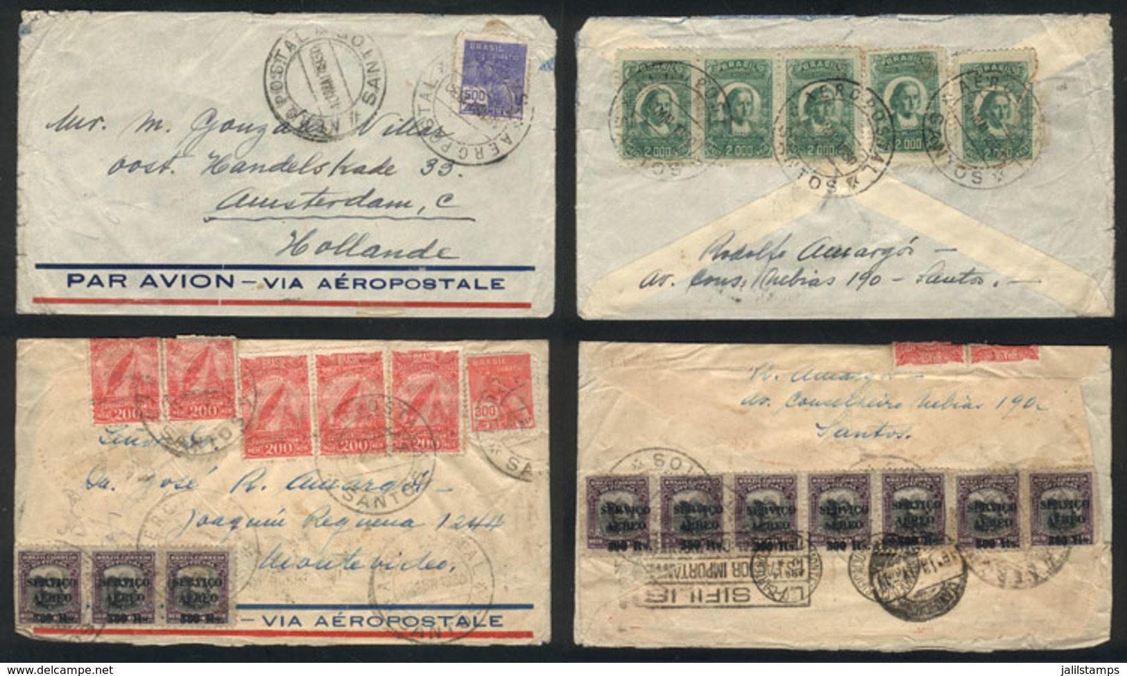 BRAZIL: "4 Airmail Covers Sent In 1930 To The Netherlands (3) And Montevideo By CGA With Nice Postages + 1 Card Sent To  - Maximum Cards