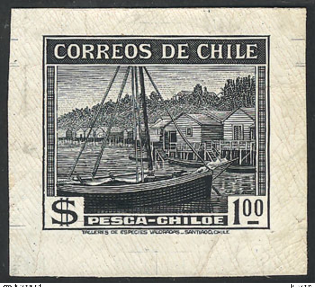 CHILE: Yvert 174, 1938/50 1P. Fishing, Chiloé (fishing Boat, Palafito - Stilt Houses), DIE PROOF In Black, VF Quality, R - Chile