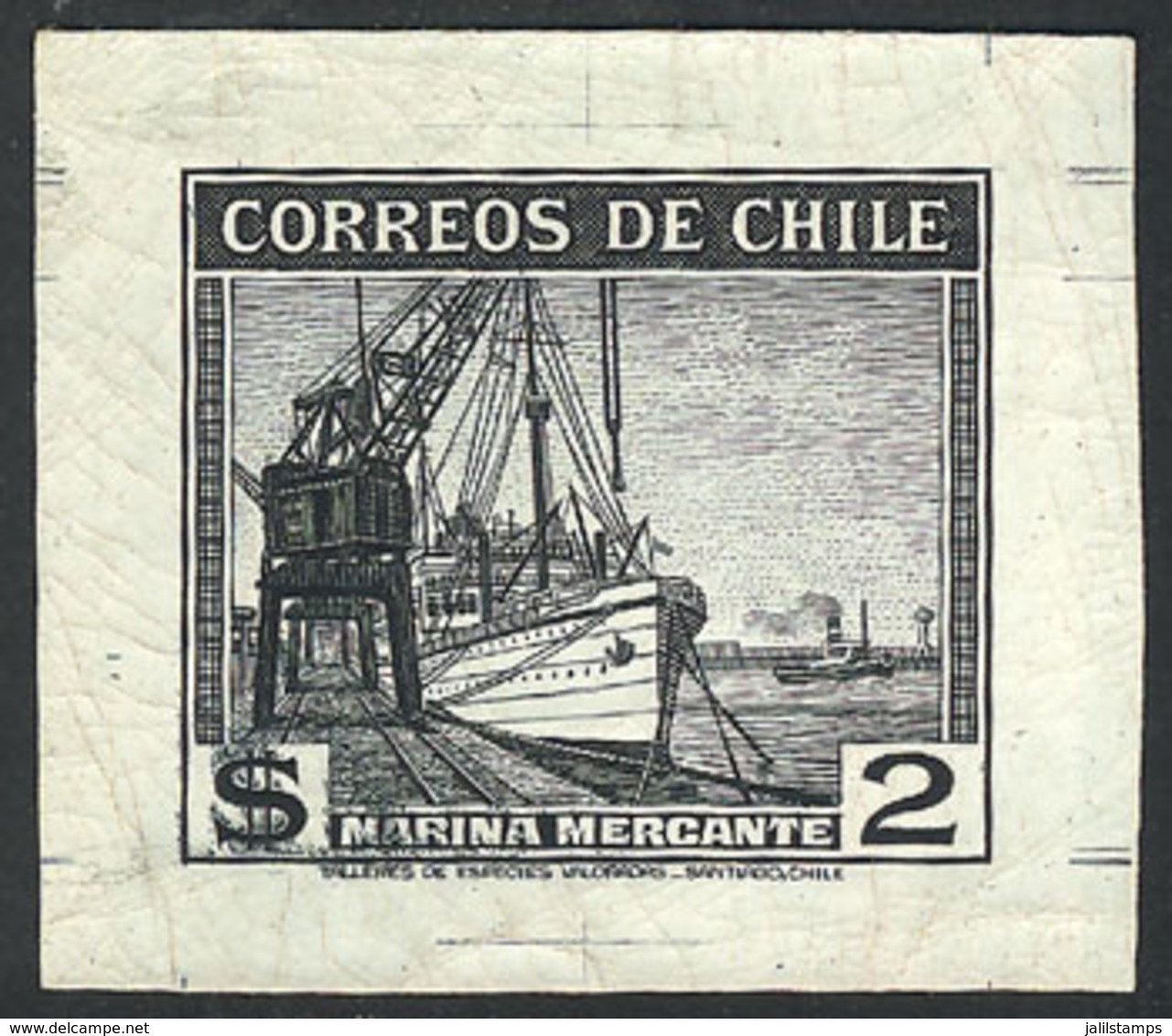 CHILE: Yvert 176, 1938/50 2P. Merchant Navy (ships), DIE PROOF In Black, VF Quality, Rare! - Chili