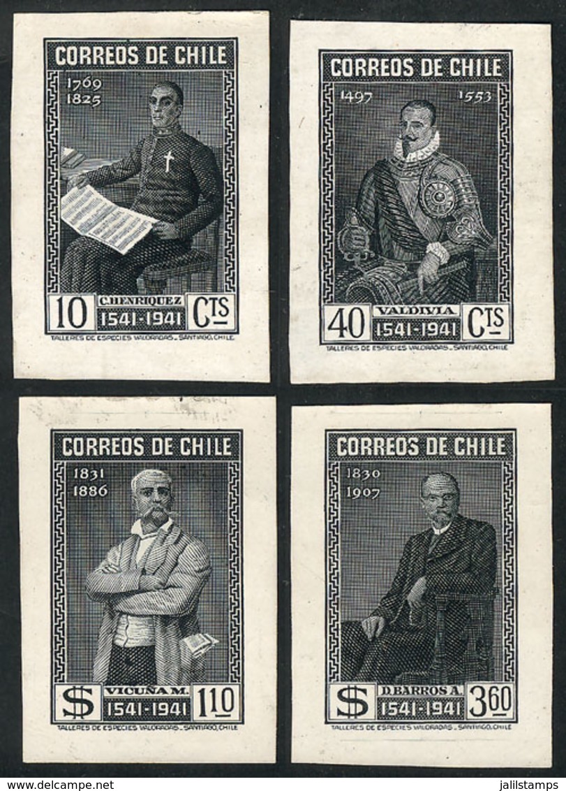 CHILE: Yvert 180/182 + 184, 1941 Santiago 4th Centenary, DIE PROOFS In Black Of The Values 10c., 40c., 1.10P And 3.60P., - Chile