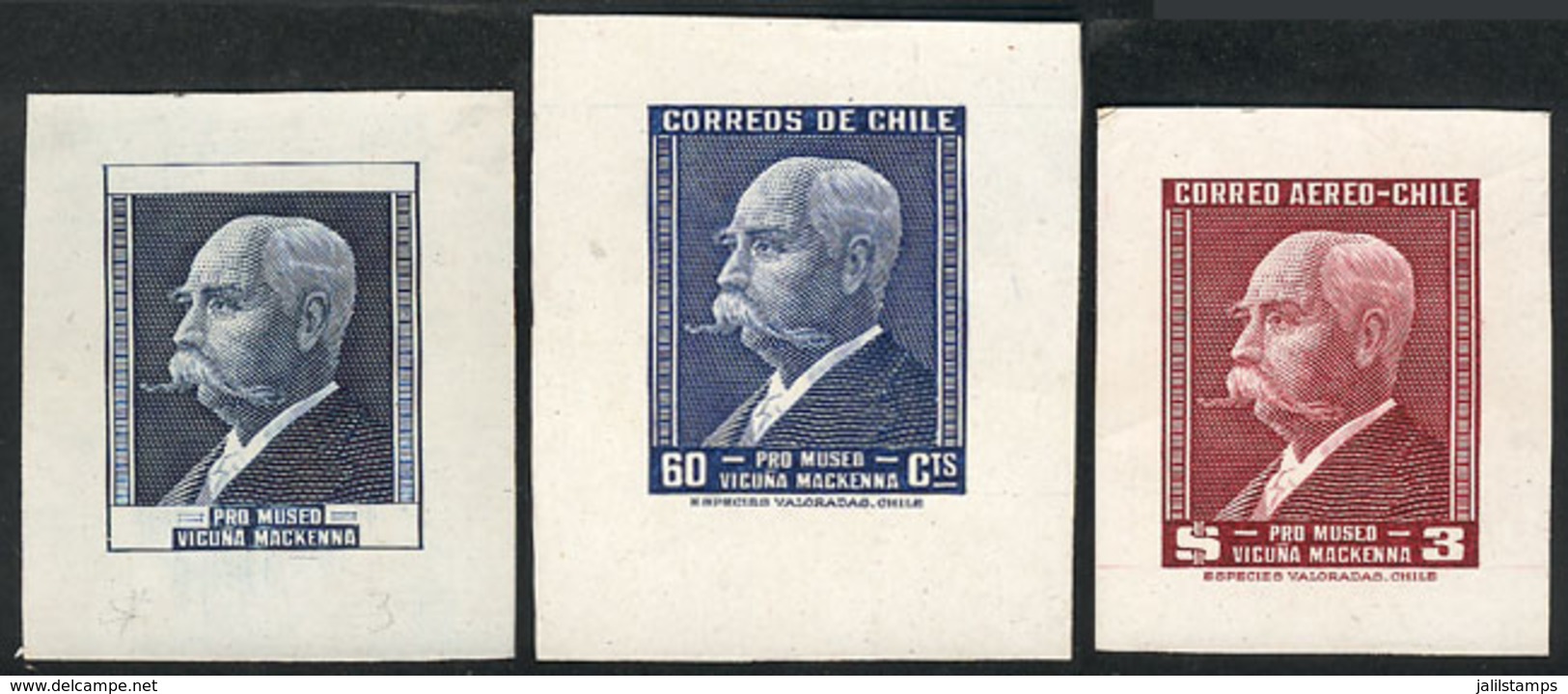 CHILE: Yvert 224 + A.124, 1949 Museum Vicuña Mackenna, DIE PROOFS: Without Value Or Inscriptions In Indigo Blue + The Se - Chile