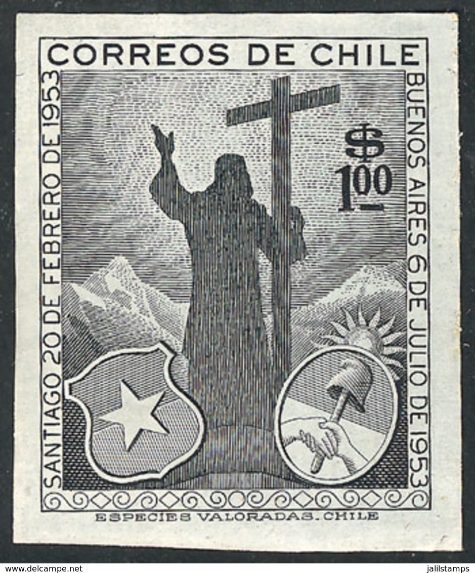 CHILE: Yvert 254, 1955 Visit Of President Of Argentina (Juan Perón), DIE PROOF In Greenish Black, Printed On Paper With  - Chile