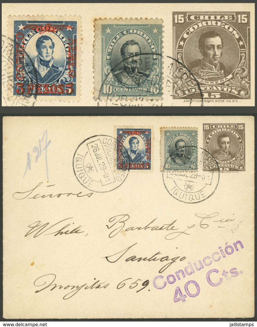 CHILE: Sc.C12, 1928/32 3P. On 5c. + Another 10c. Stamp Uprating A 15c. Stationery Envelope Sent By Airmail From IQUIQUE  - Chili