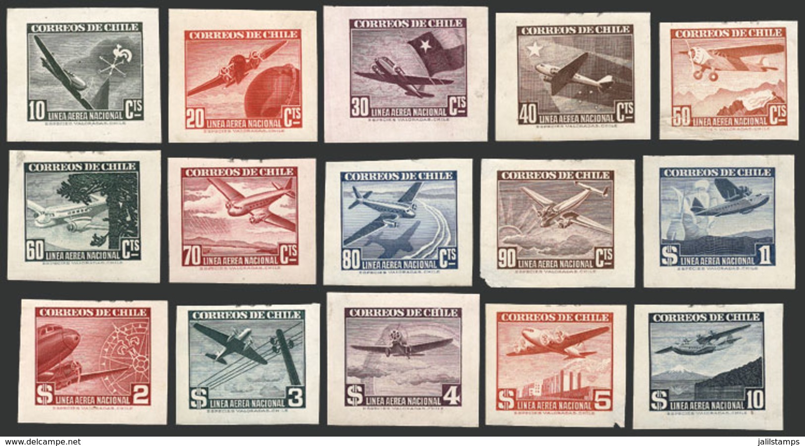 CHILE: Yvert 53/67, 1941/2 Airplanes, The Set Of 15 DIE ESSAYS Of UNADOPTED DESIGNS, All Different From The Issued Desig - Chile