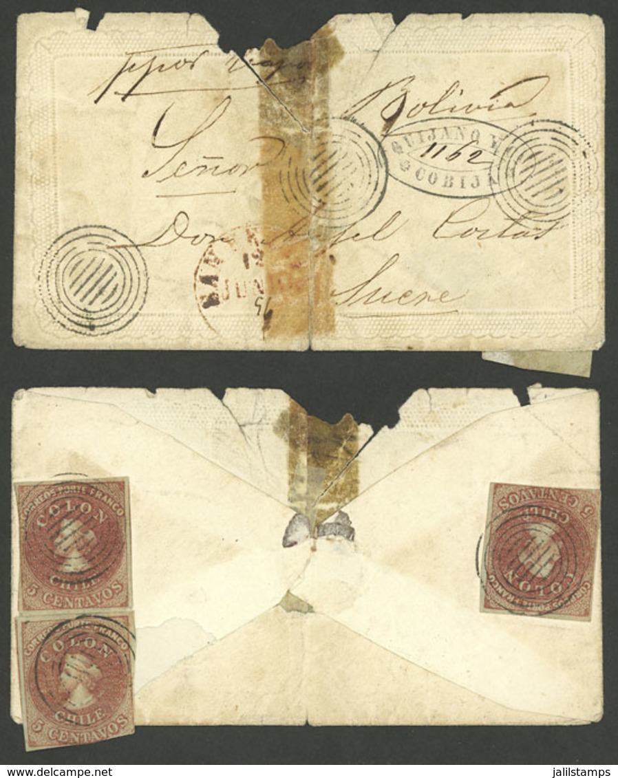 CHILE: "12/JUN/1859 SAN FELIPE - Sucre, Small Cover Franked On Back With 3 Columbus Stamps Of 5c. (Yvert 4, All With Lin - Chili
