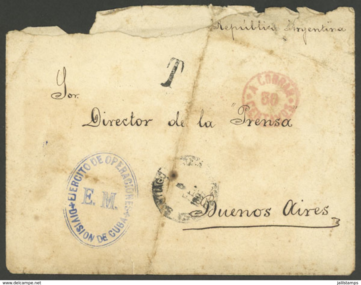 CUBA: "Cover Sent From Santiago To Buenos Aires (Argentina) On 5/FE/1897, With Blue Oval Mark Of "Ejército De Operacione - Otros & Sin Clasificación
