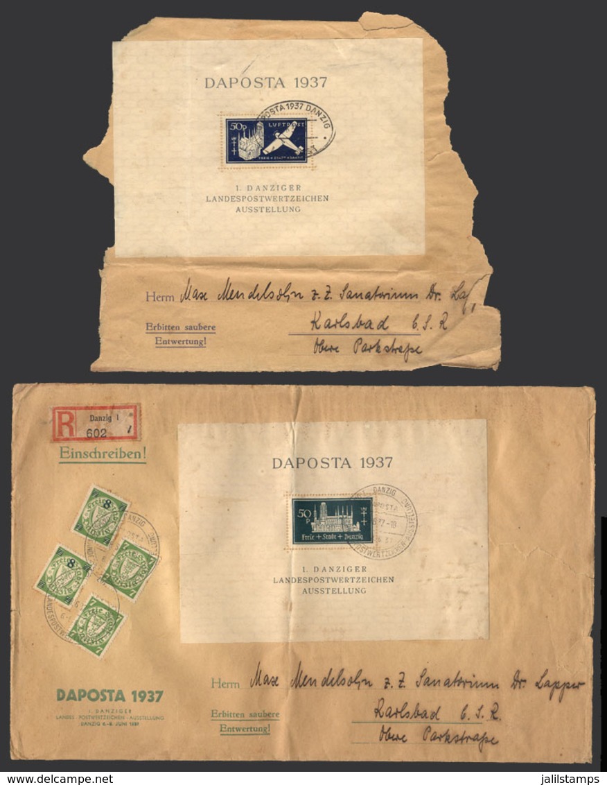DANZIG: Registered Cover Sent To Czechoslovakia On 8/JUN/1937 + Fragment Of Another Cover, With Souvenir Sheets Of Expo  - Otros & Sin Clasificación
