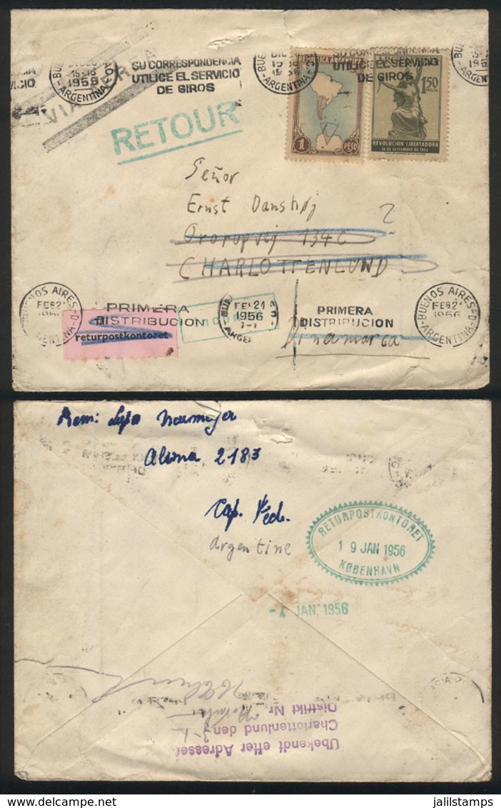 DENMARK: RETOUR LABELS AND MARKS: Cover Sent From Argentina To Charlottenlund On 23/DE/1955 And Returned To Sender With  - Maximum Cards & Covers