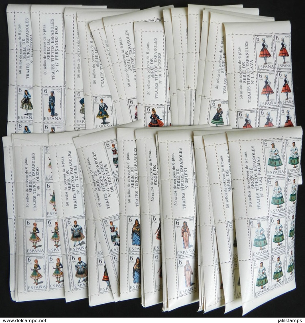 SPAIN: Year 1970 And Following, TYPICAL COSTUMES, Complete Set Of 53 Values In Corner Blocks Of 10 Stamps + 2 Labels, Ve - Unused Stamps