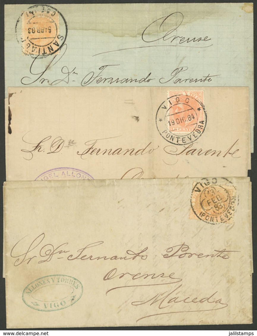 SPAIN: 3 Folded Covers Sent From Vigo And Santiago To Maceda In 1883/4 Franked With 15c., Nice Cancels! - Cartas & Documentos