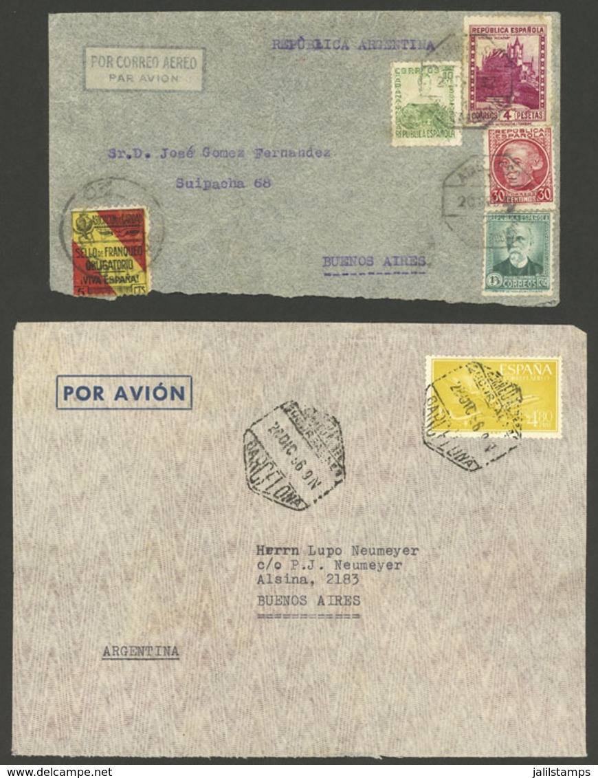 SPAIN: 2 Airmail Covers Sent To Argentina 1937 And 1956, Interesting! - Lettres & Documents