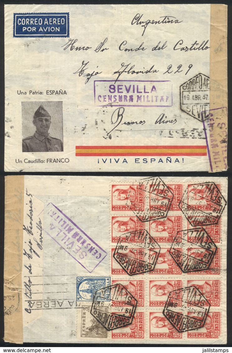 SPAIN: 19/AP/1937 Sevilla - Buenos Aires, Airmail Cover With Patriotic Francoist Marks, Nice Postage On Back And Censor  - Lettres & Documents